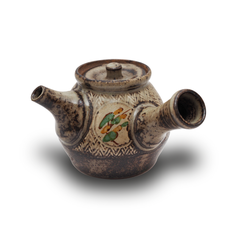 島岡達三 象嵌赤絵草花文煎茶器 (湯呑 6客 / 急須) 共箱