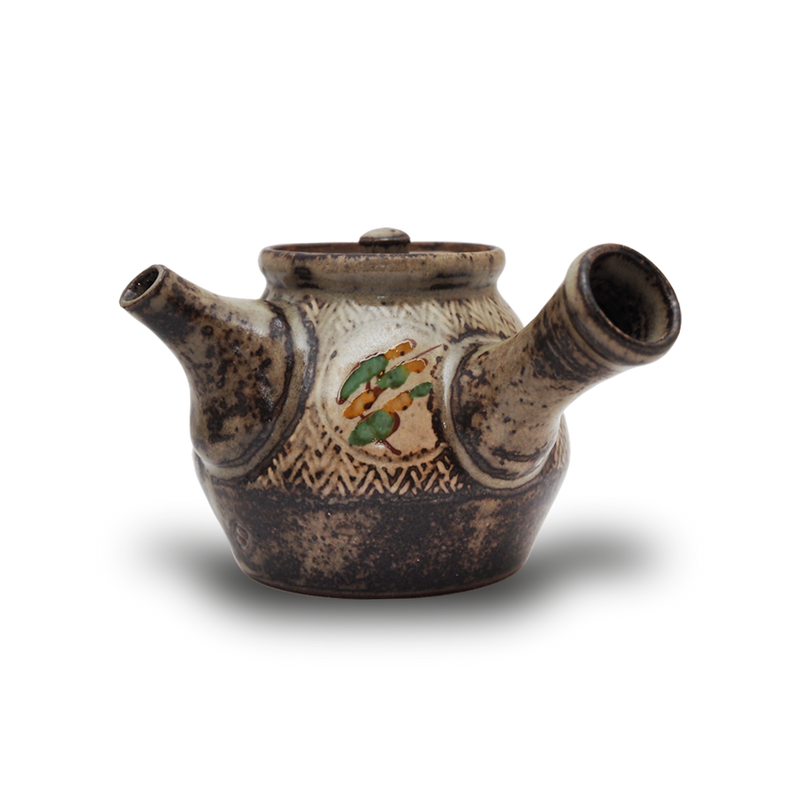 島岡達三 象嵌赤絵草花文煎茶器 (湯呑 6客 / 急須) 共箱