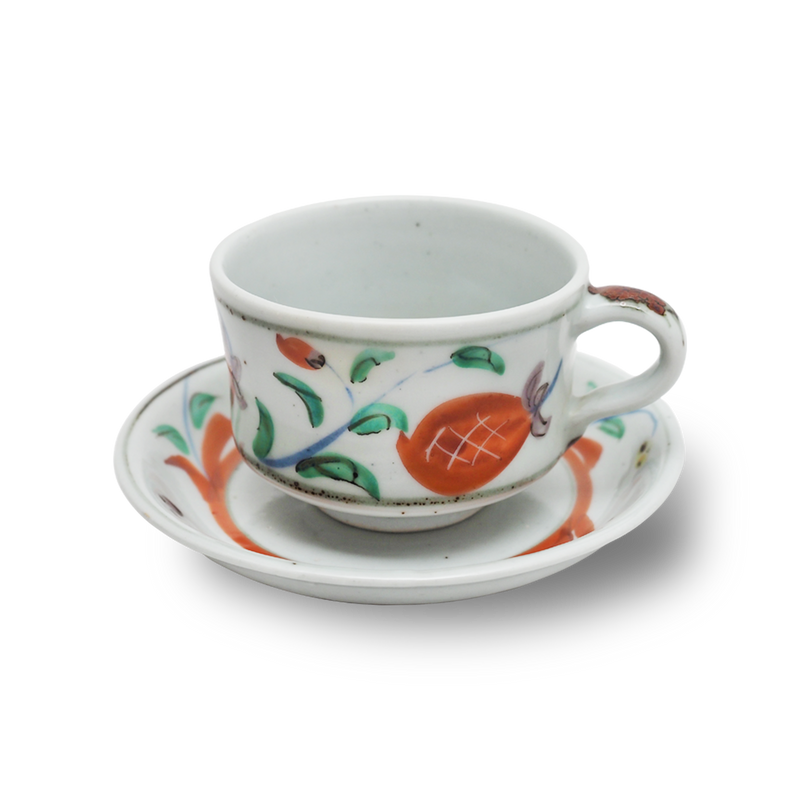 4代須田菁華  赤絵草花文コーヒーカップ&ソーサー
