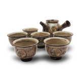 島岡達三 象嵌赤絵草花文煎茶器 (湯呑 6客 / 急須) 共箱