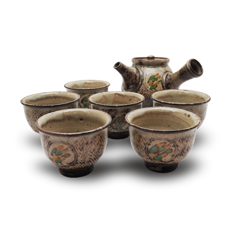 島岡達三 象嵌赤絵草花文煎茶器 (湯呑 6客 / 急須) 共箱