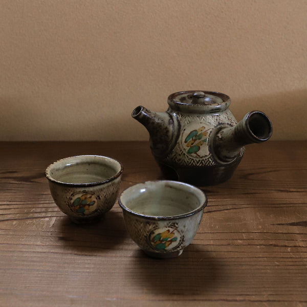 島岡達三 象嵌赤絵草花文煎茶器 (湯呑 6客 / 急須) 共箱