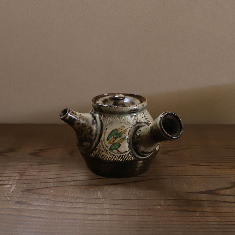 島岡達三 象嵌赤絵草花文煎茶器 (湯呑 6客 / 急須) 共箱