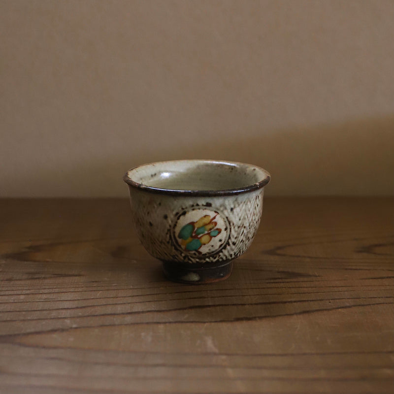 島岡達三 象嵌赤絵草花文煎茶器 (湯呑 6客 / 急須) 共箱