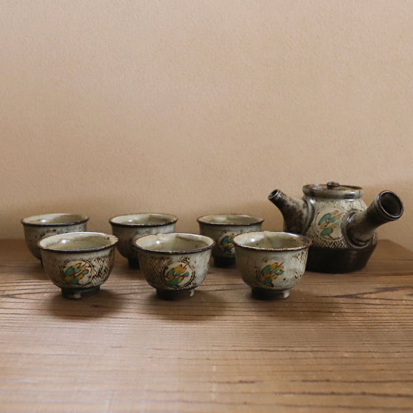 島岡達三 象嵌赤絵草花文煎茶器 (湯呑 6客 / 急須) 共箱