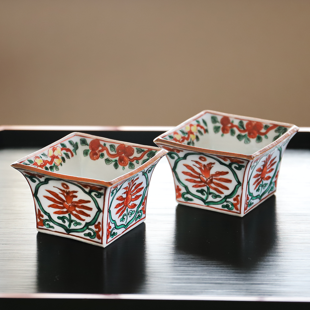 須田菁華　古赤絵鳥文桝形向付5個組 4代須田菁華 古赤絵鳥文枡形小鉢 – Gallery Nisui