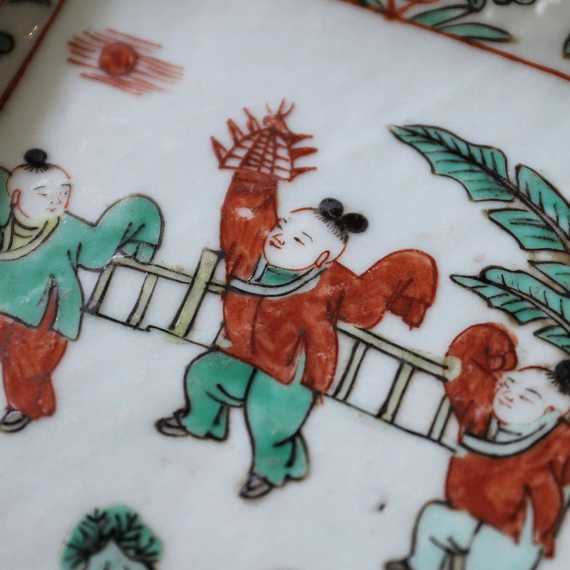 幕末明治 南京赤絵写 人物図四方皿